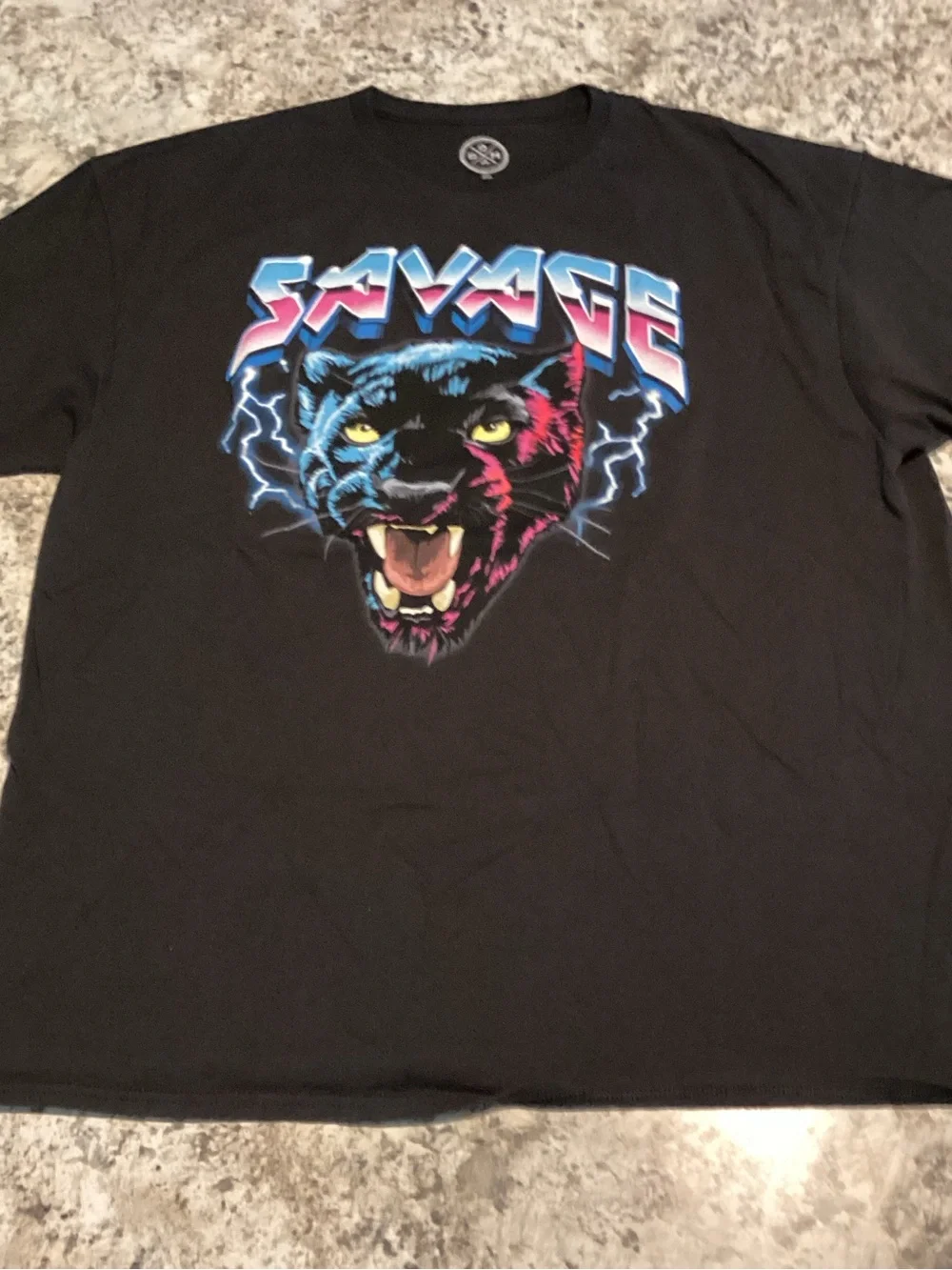 Savage Panther Graphic Tee - Black with Neon Blue & Pink